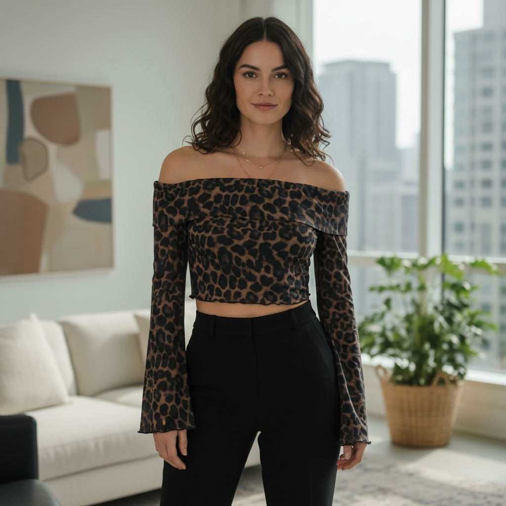 Women's Leopard Print Off-the-Shoulder Crop Top