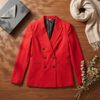 [WearU Generated:merch_flat_lay] Bright Red Fitted Double-Breasted Tailored Blazer – merch flat lay