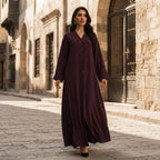 guess Deep Plum A-Line Abaya with Gold Fastening Details