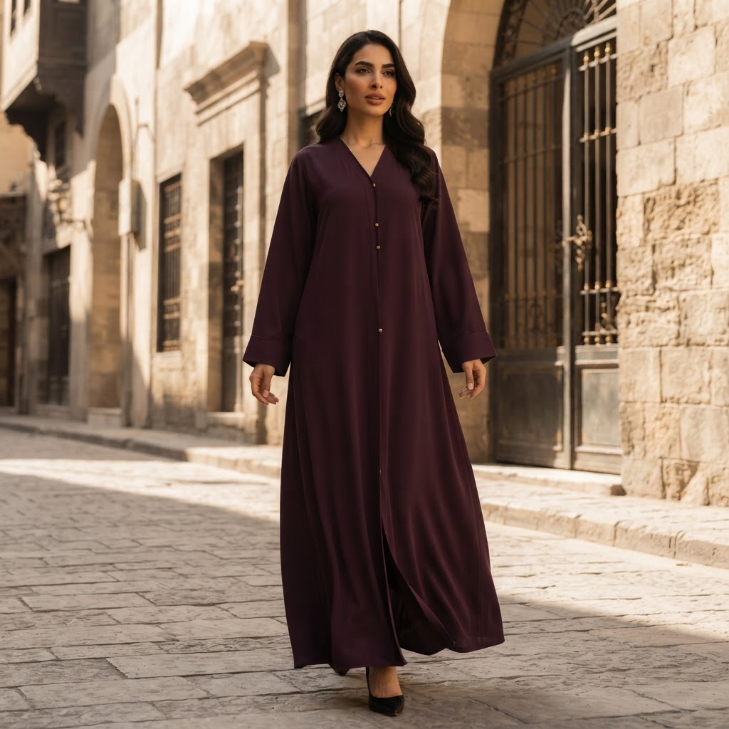 guess Deep Plum A-Line Abaya with Gold Fastening Details