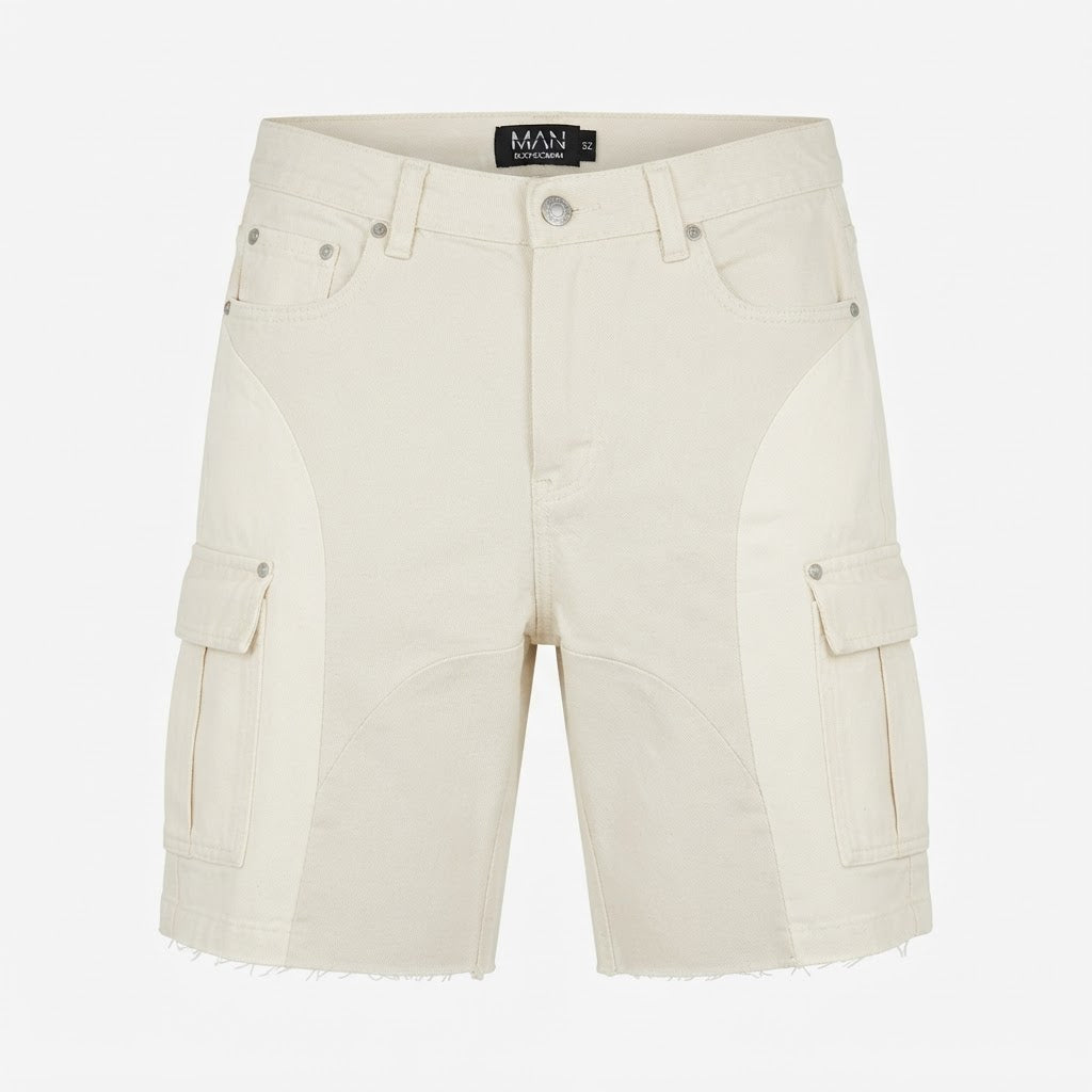 [WearU Generated:merch_clean_front] BoohooMAN Ecru Cotton Denim Wide-Leg Cargo Shorts – front view