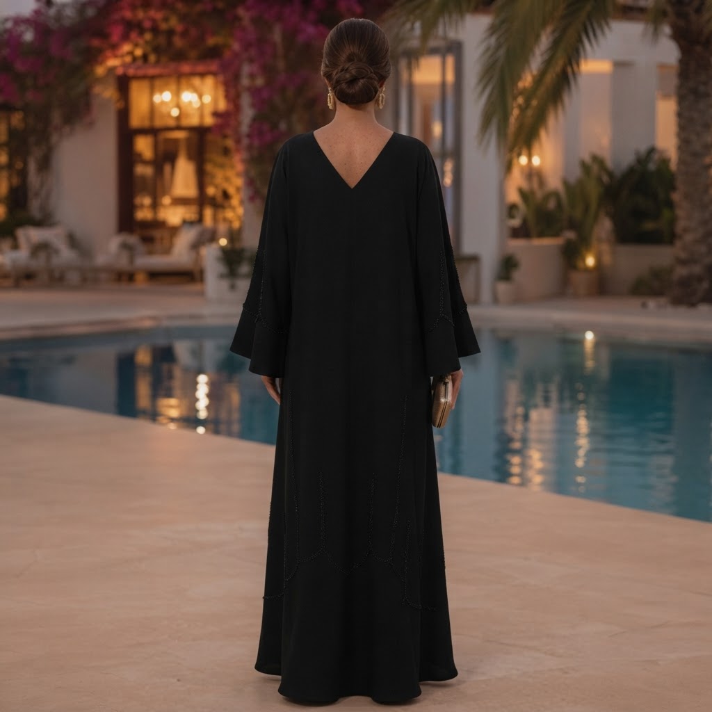 SHADER Deep Navy Black Crepe Abaya with Beaded Butterfly Cuf
