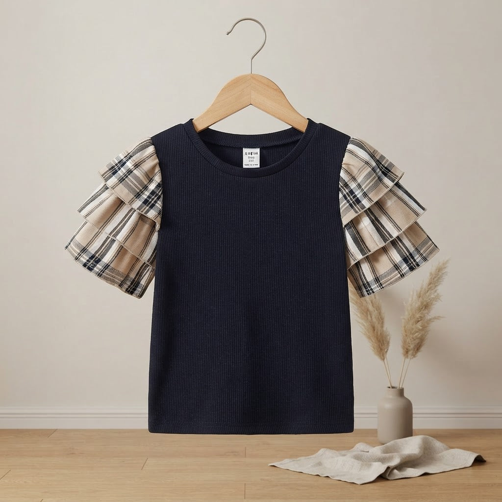 SHEIN SHEIN Navy Black Ribbed Top with Plaid Ruffle Sleeves