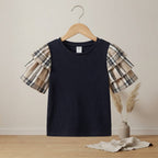 SHEIN SHEIN Navy Black Ribbed Top with Plaid Ruffle Sleeves