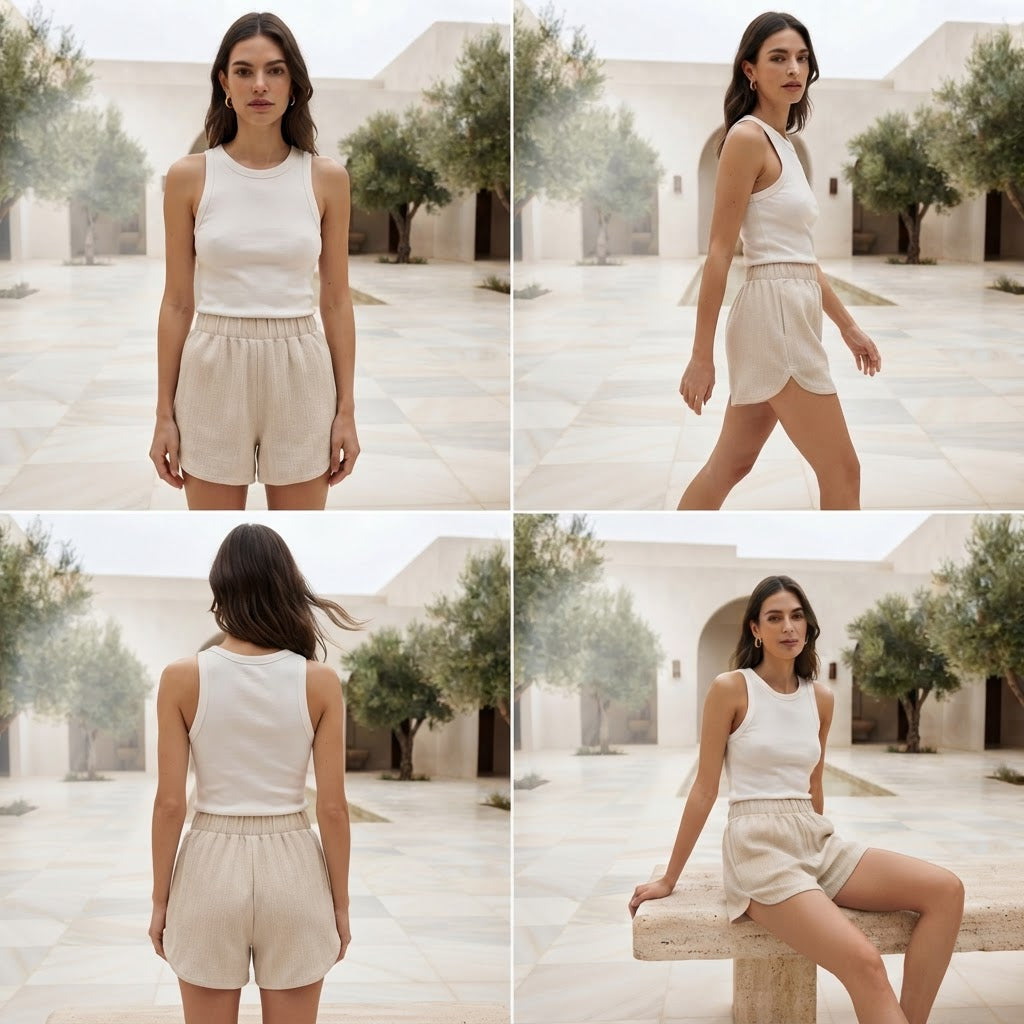 Cream Textured High-Waist Relaxed Lounge Shorts