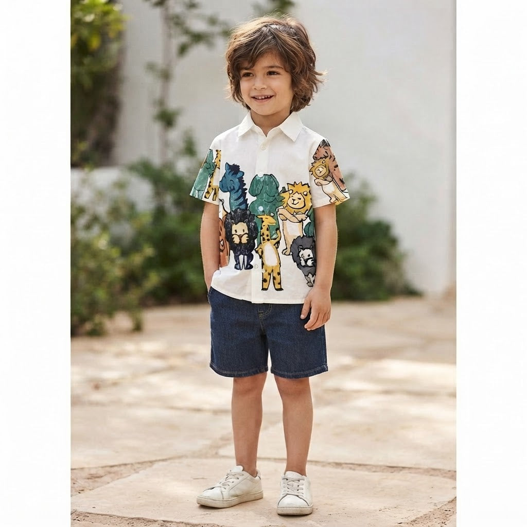 SHEIN White Short-Sleeve Safari Animal Print Kids Shirt