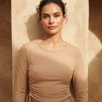 SHEIN Sandy Beige Ribbed Long-Sleeve Cropped Top with Side R