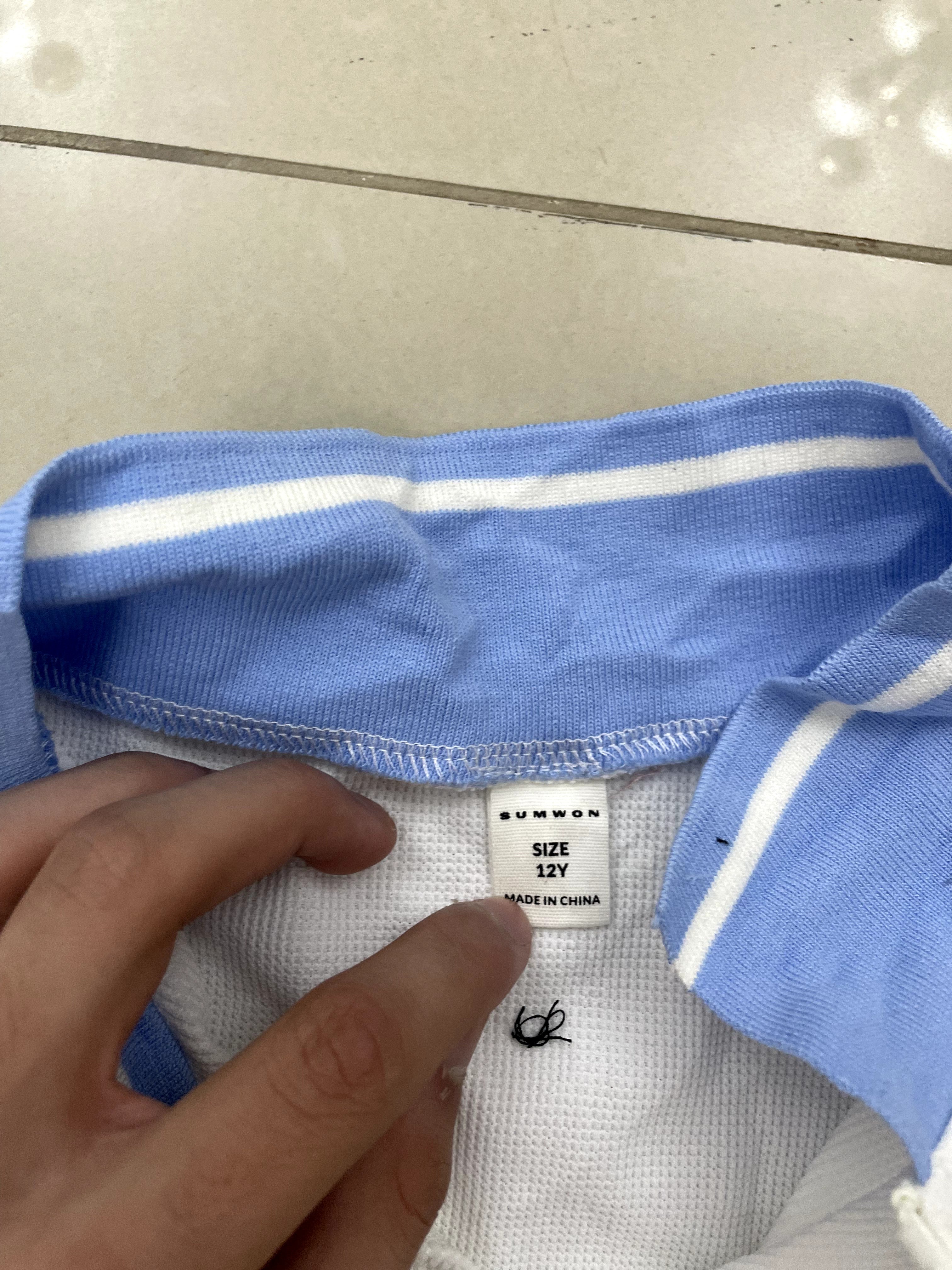 SUMWON White & Blue Varsity Jersey Top with Zip Mock Collar