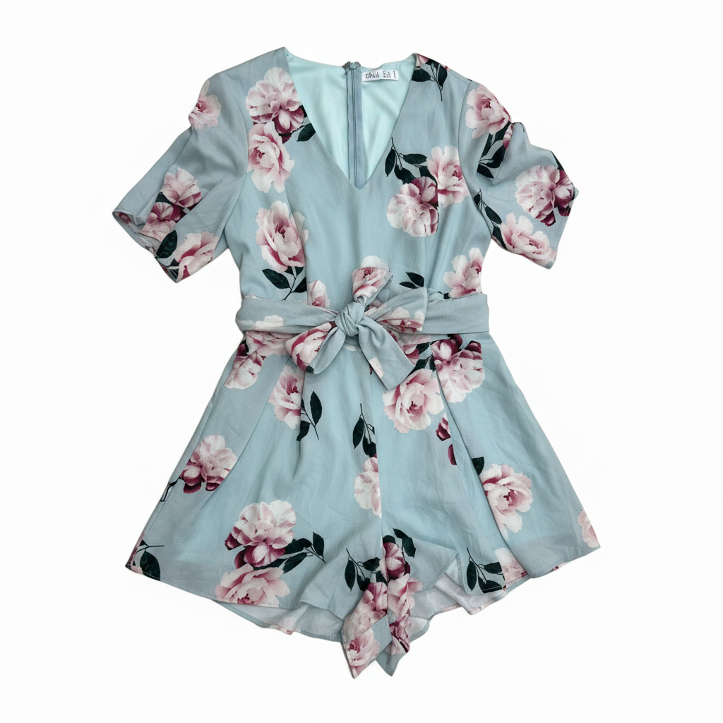 Ally Fashion Light Blue Floral V-Neck Romper - Size 8