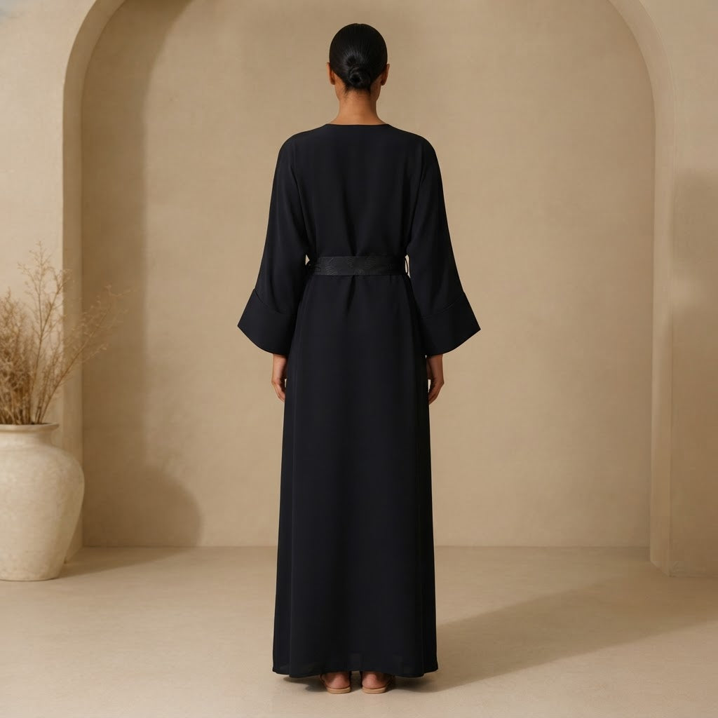 Deep Navy Black Open-Front Abaya with Jacquard Sash