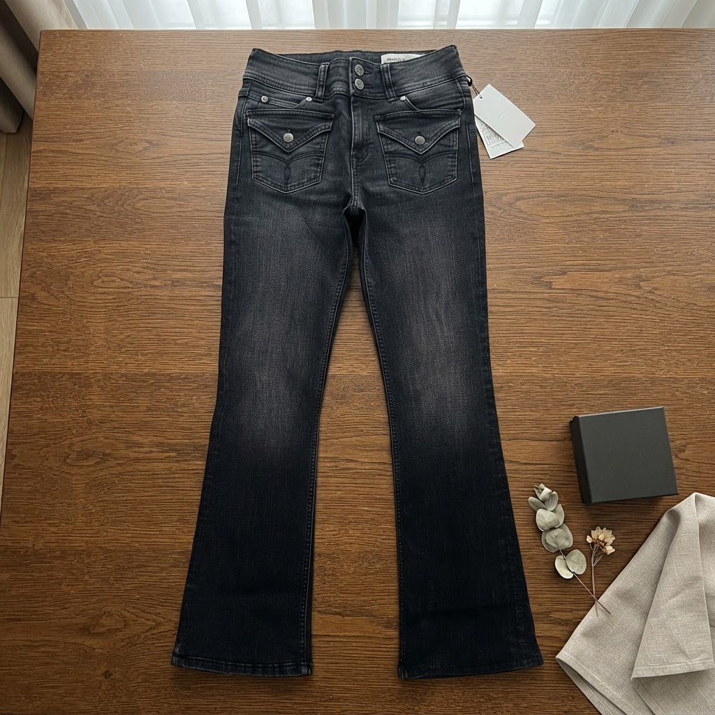 Bershka Washed Black Flared Denim Jeans with Chevron Back Po