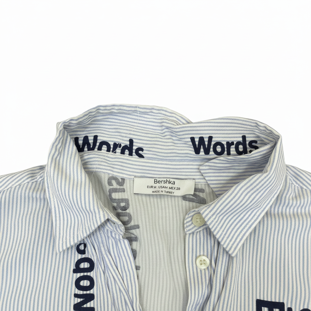 Bershka Women's Blue Striped Text Print Short Sleeve Shirt