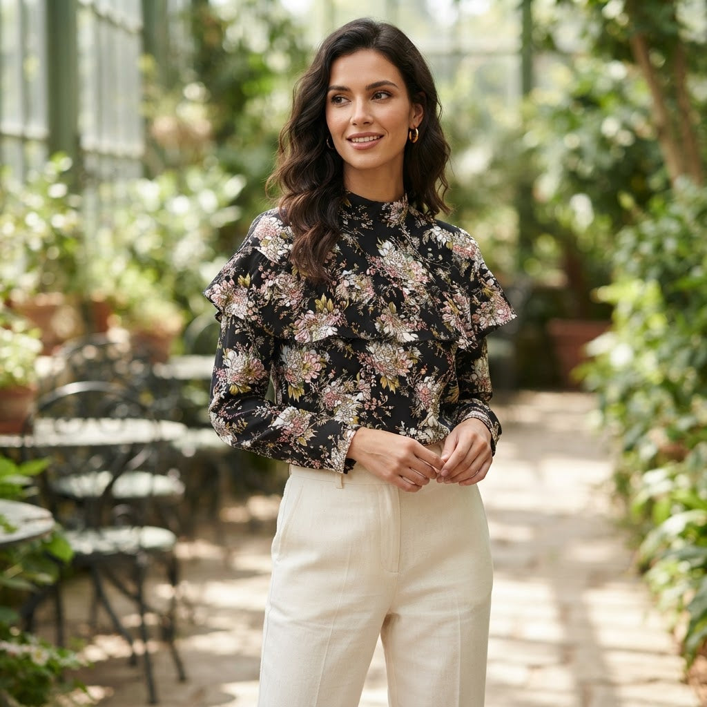 Women's Black Floral Ruffle High-Neck Blouse