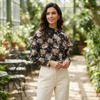 Women's Black Floral Ruffle High-Neck Blouse