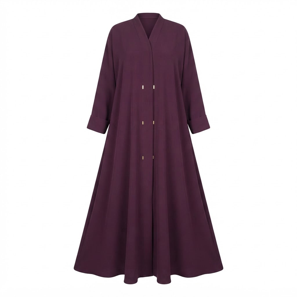 guess Deep Plum A-Line Abaya with Gold Fastening Details