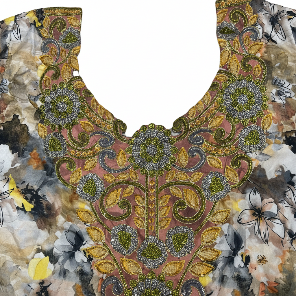 Women's Floral Long Sleeve Maxi Dress with Beaded Neckline