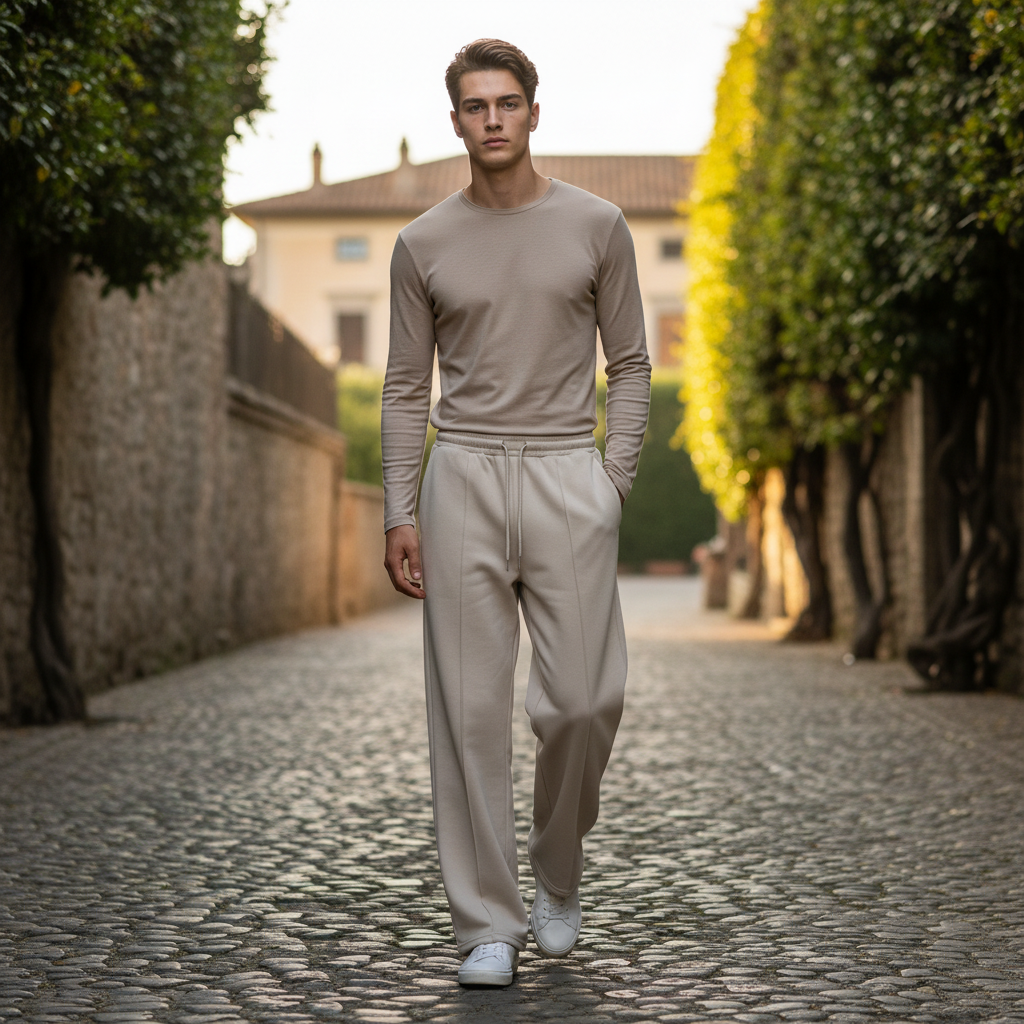 Cream Wide Leg Pintuck Drawstring Sweatpants