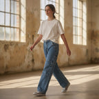 Rfâ Mid Blue Stonewash Skater Fit Wide Leg Panelled Jeans