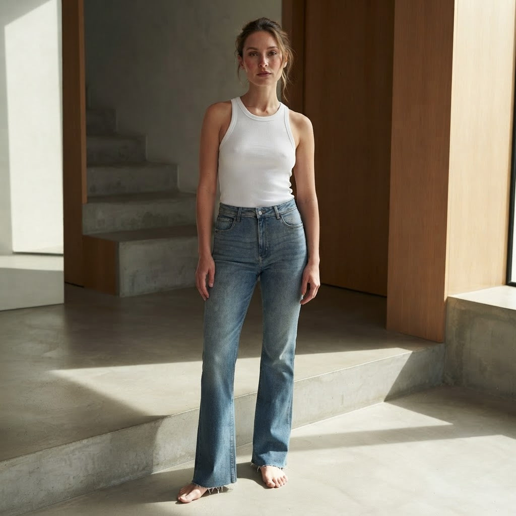 BERSHKA Mid-Blue High-Rise Long Flare Jeans with Raw Hem