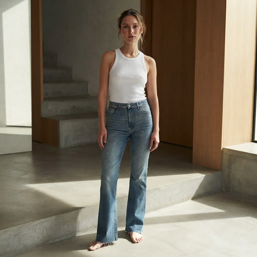 BERSHKA Mid-Blue High-Rise Long Flare Jeans with Raw Hem