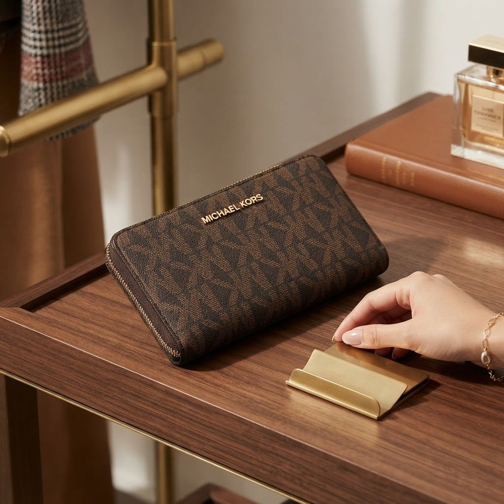 [WearU Generated:campaign_1] Michael Kors Dark Brown Monogram Rectangular Zip-Around Wallet – side view
