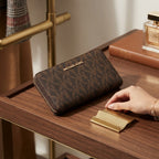 [WearU Generated:campaign_1] Michael Kors Dark Brown Monogram Rectangular Zip-Around Wallet – side view