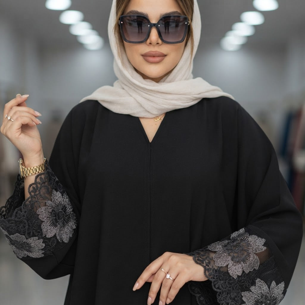 gant Black Embroidered Floral Lace-Trim Floor-Length Abaya