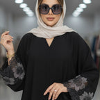 gant Black Embroidered Floral Lace-Trim Floor-Length Abaya