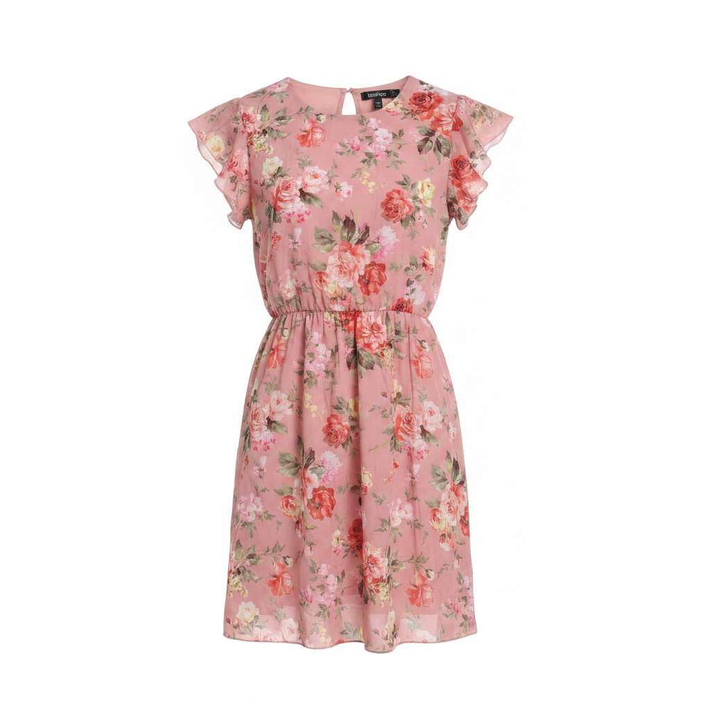 Boohoo Pink Floral Ruffle Sleeve Mini Dress Size UK 8