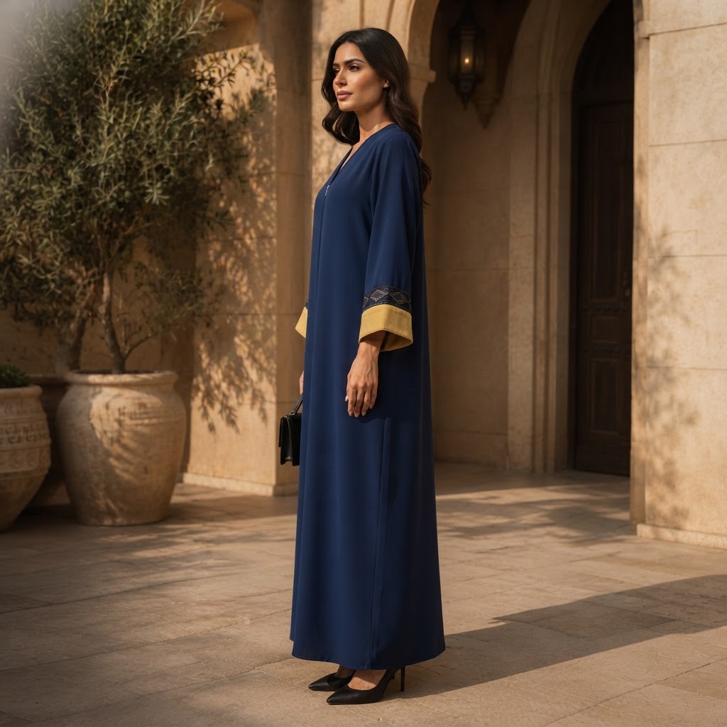 represent Navy Blue Floor-Length Abaya with Geometric Trim