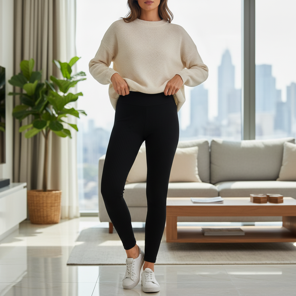 Women's Black Ribbed High-Waisted Leggings