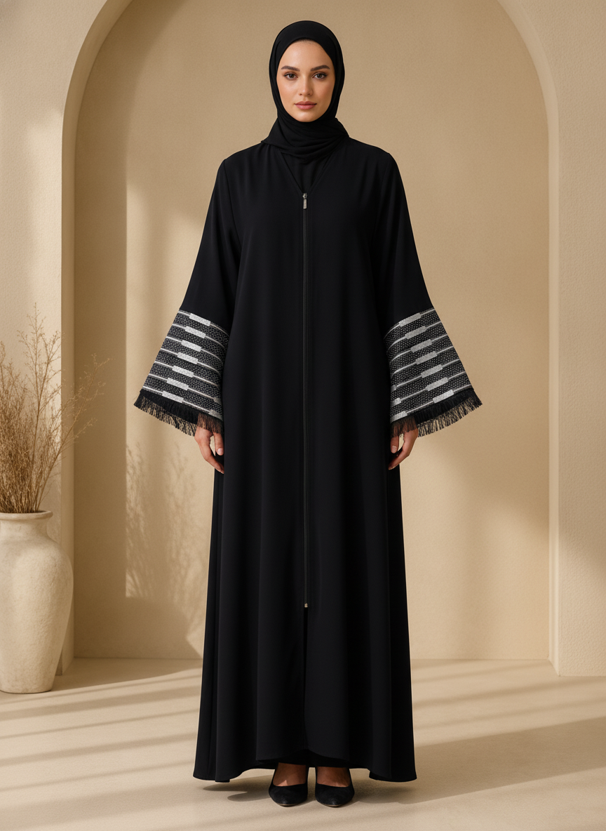 ASALA Deep Navy Zip-Front Abaya with Decorative Fringe Cuffs