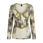 SHEIN SHEIN Abstract Print Long-Sleeve Top with Olive Lace T