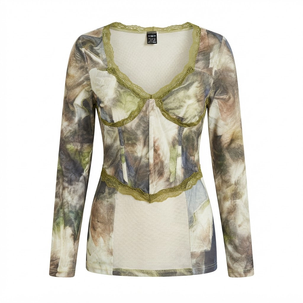SHEIN SHEIN Abstract Print Long-Sleeve Top with Olive Lace T
