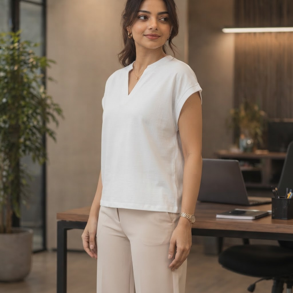 anko White Boxy Cap Sleeve V-Neck Cropped Top
