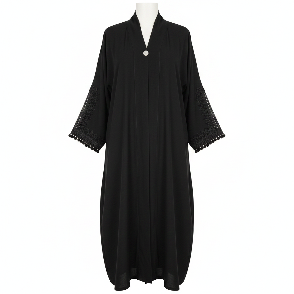 Elegant Black Embroidered Open Front Abaya