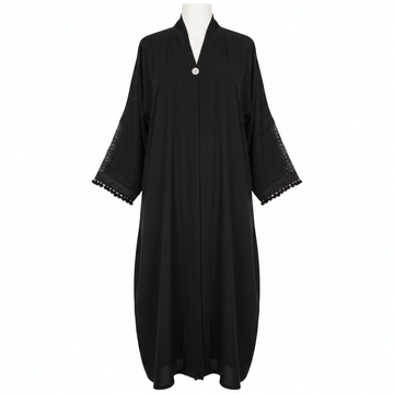 Elegant Black Embroidered Open Front Abaya