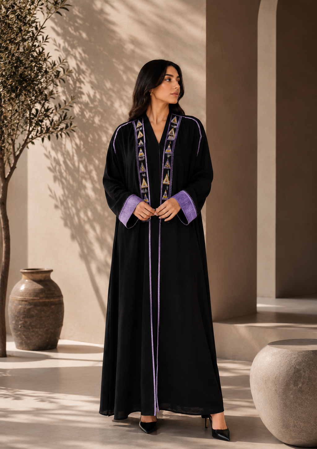 Black Open Front Gulf Style Abaya with Purple Embroidery