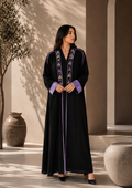 Black Open Front Gulf Style Abaya with Purple Embroidery