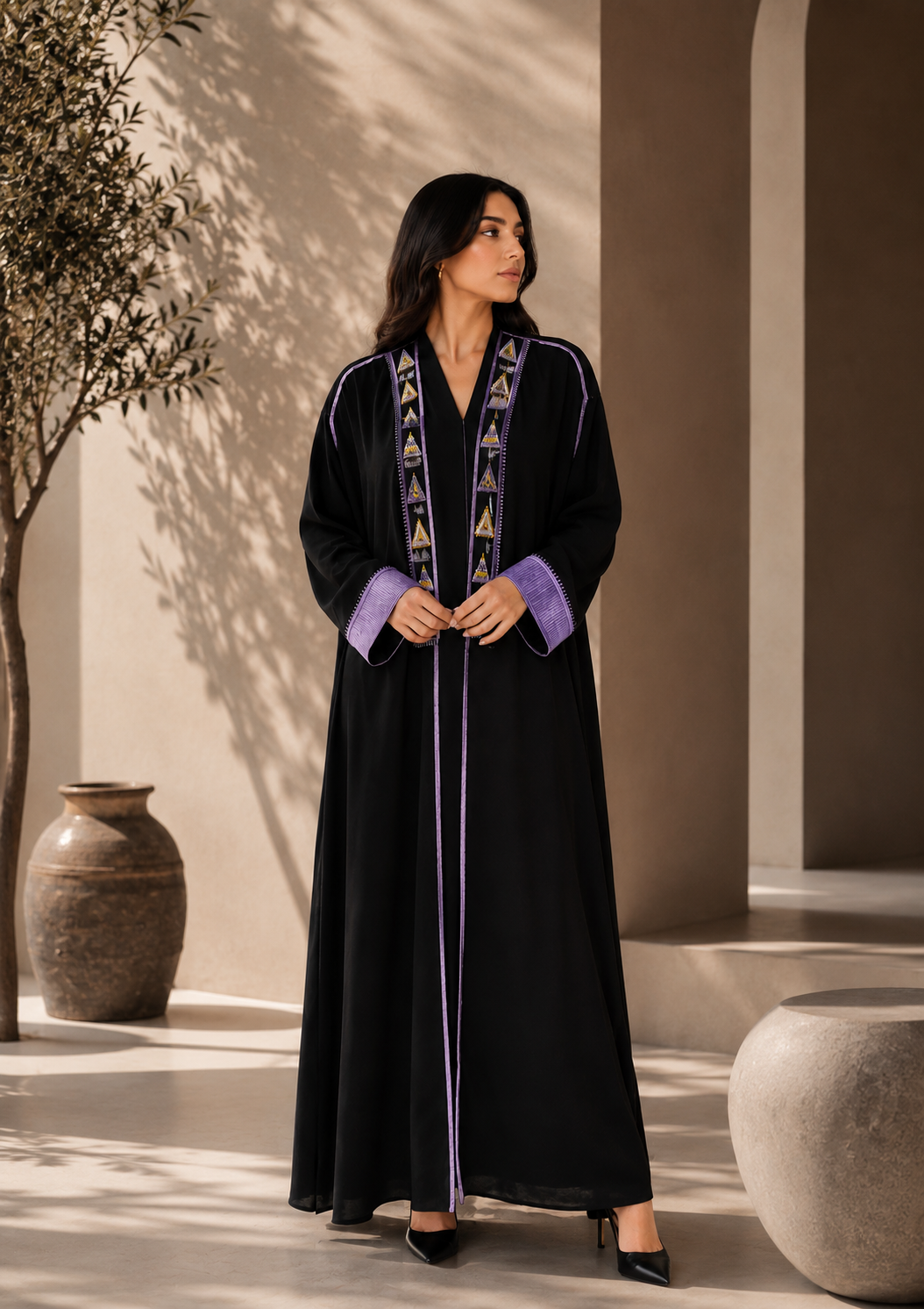 Black Open Front Gulf Style Abaya with Purple Embroidery