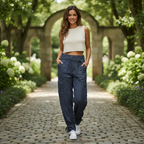 Zara Women's Charcoal Grey Belted Linen Blend Cargo Pants