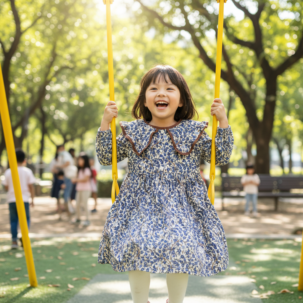 Kids Cream & Blue Floral Long Sleeve A-Line Dress