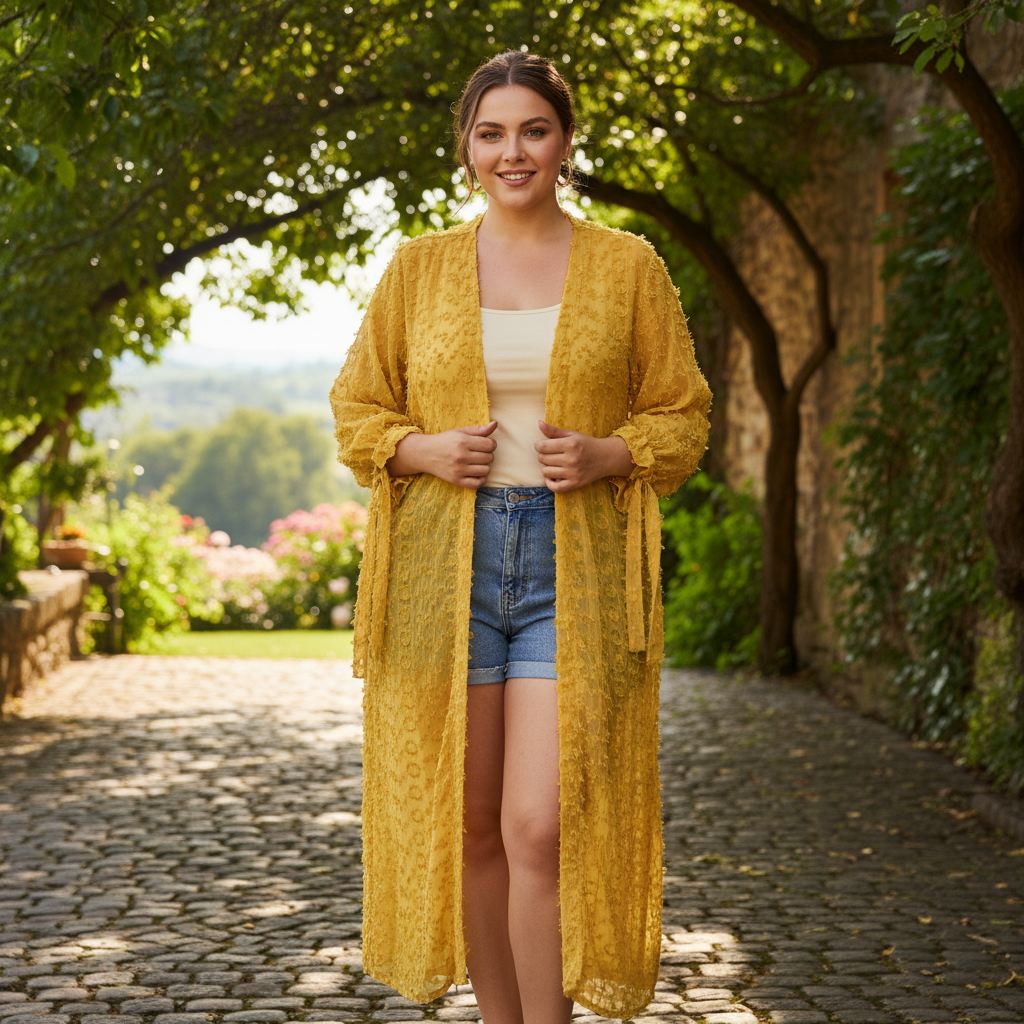 SHEIN Women's Yellow Textured Fringed Long-Line Kimono
