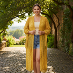 SHEIN Women's Yellow Textured Fringed Long-Line Kimono