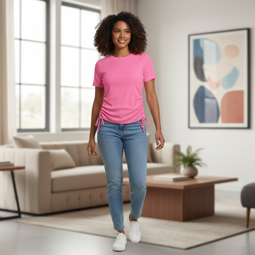 F&F Women's Pink Ribbed Ruched Side T-Shirt