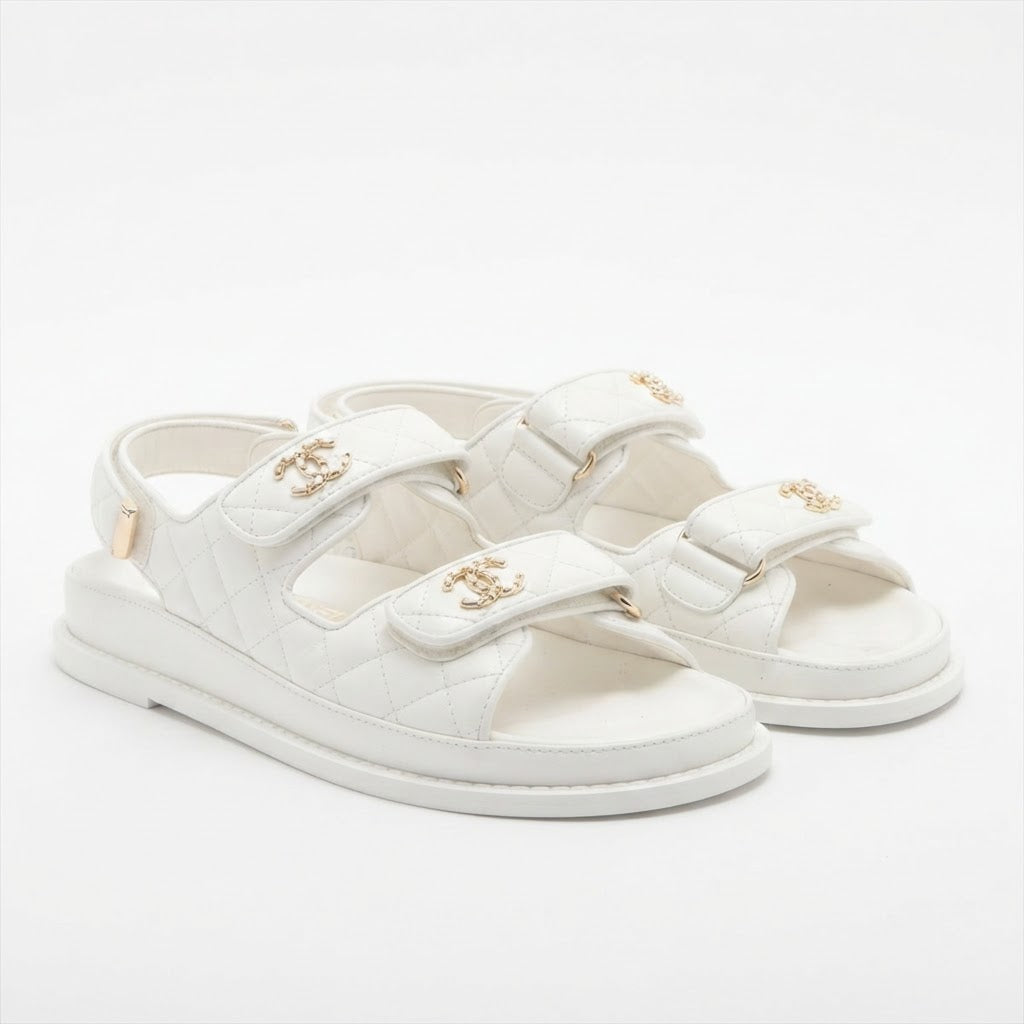 CHANEL White Quilted Double-Strap Flat Sandals with Gold Log