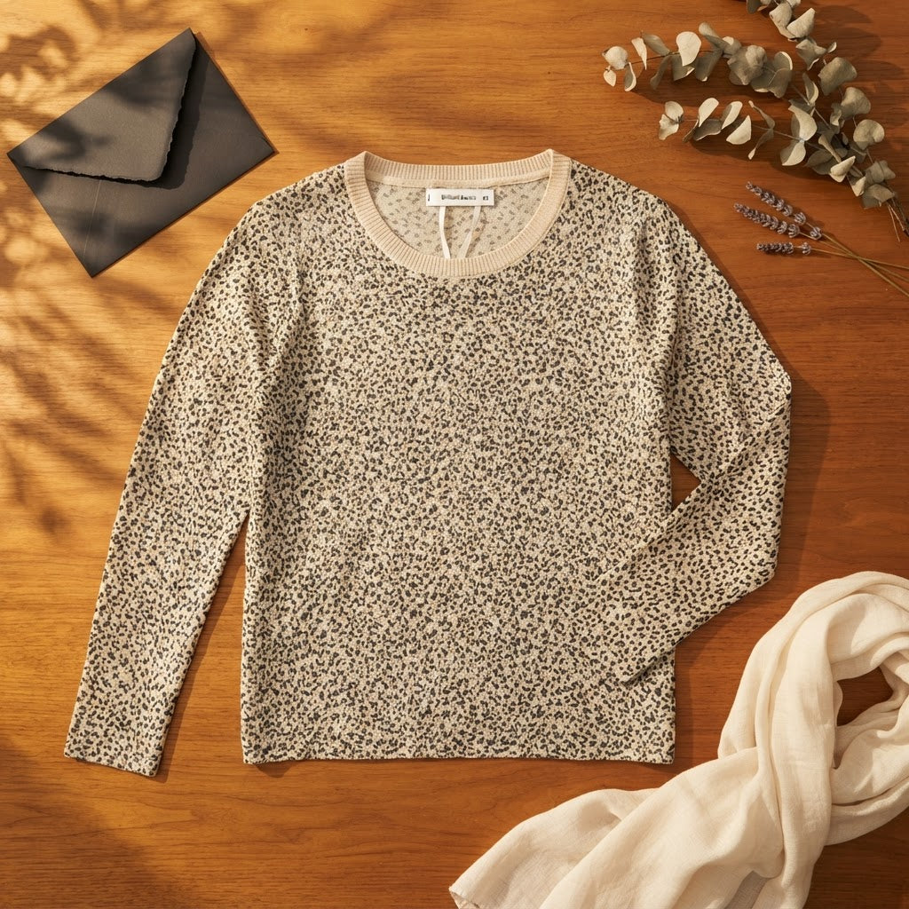 [WearU Generated:merch_flat_lay] Brilliant Basics Cream Leopard Knit Cotton Long-Sleeve Top – flat lay view