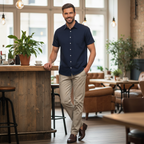 Livergy Men's Navy Blue Short Sleeve Linen Shirt