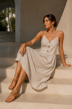 Women's Beige Linen Blend Button-Down Midi Dress
