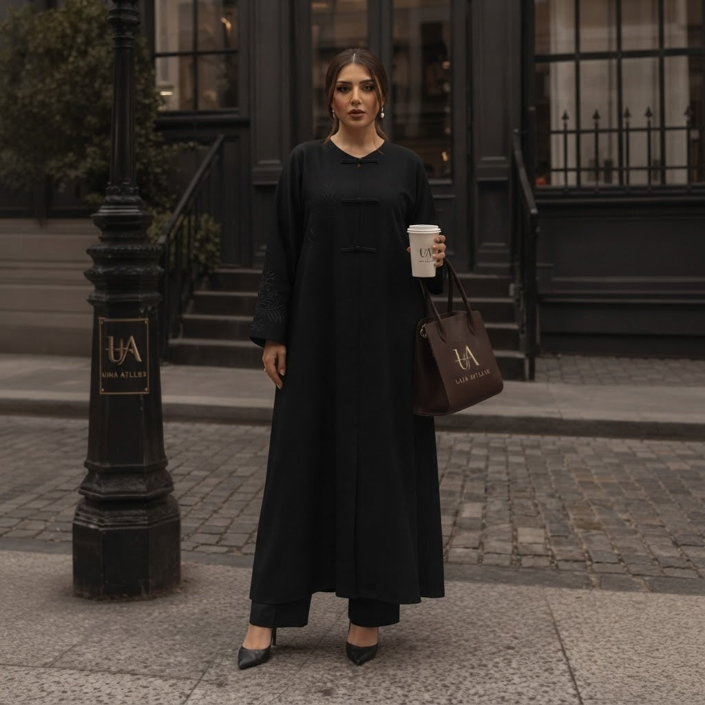 represent Black Embroidered Abaya with Tonal Frog-Knot Closu